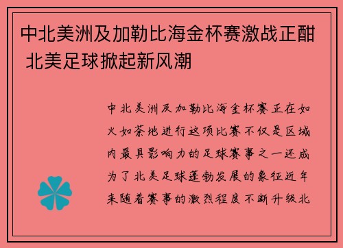 中北美洲及加勒比海金杯赛激战正酣 北美足球掀起新风潮