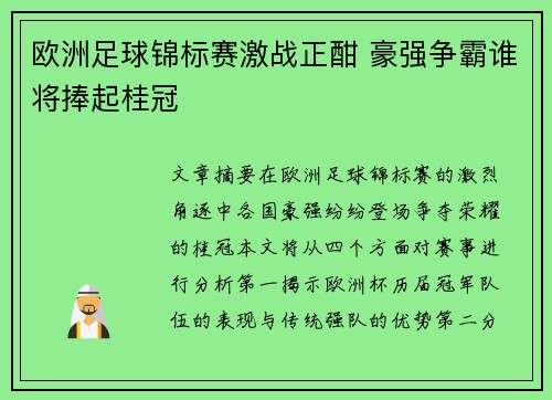 欧洲足球锦标赛激战正酣 豪强争霸谁将捧起桂冠